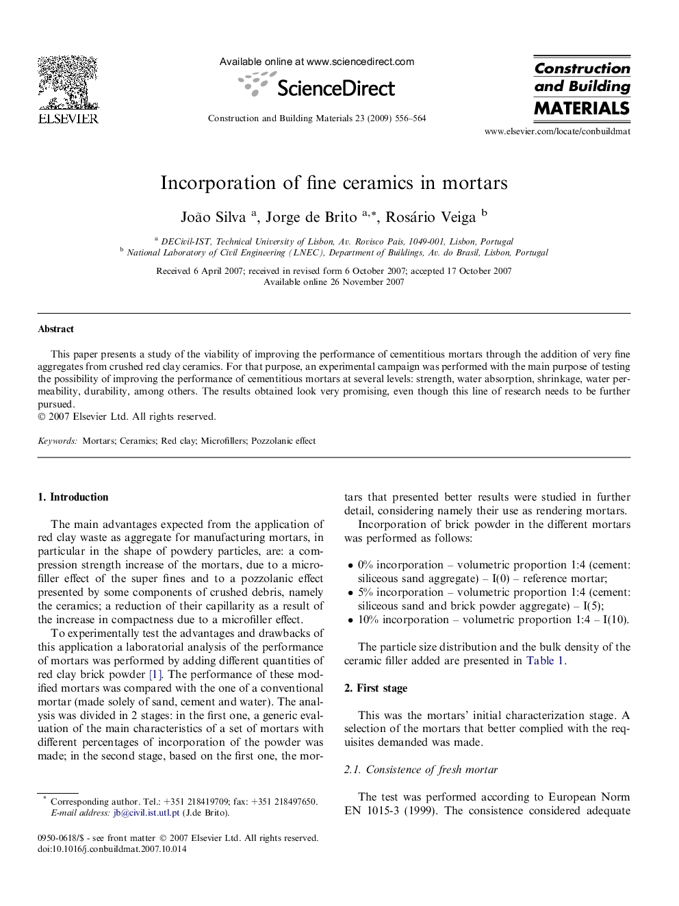 Incorporation of fine ceramics in mortars