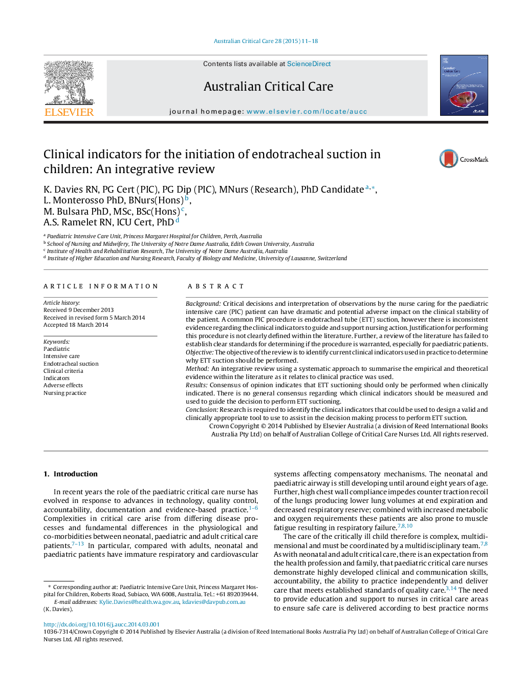 Clinical indicators for the initiation of endotracheal suction in children: An integrative review