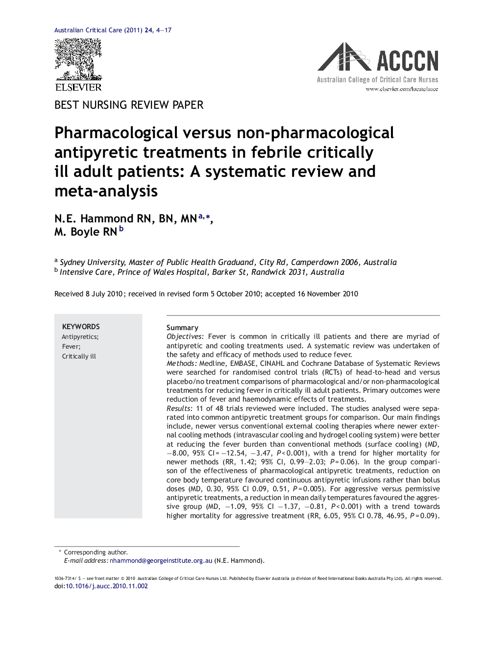 Pharmacological versus non-pharmacological antipyretic treatments in febrile critically ill adult patients: A systematic review and meta-analysis