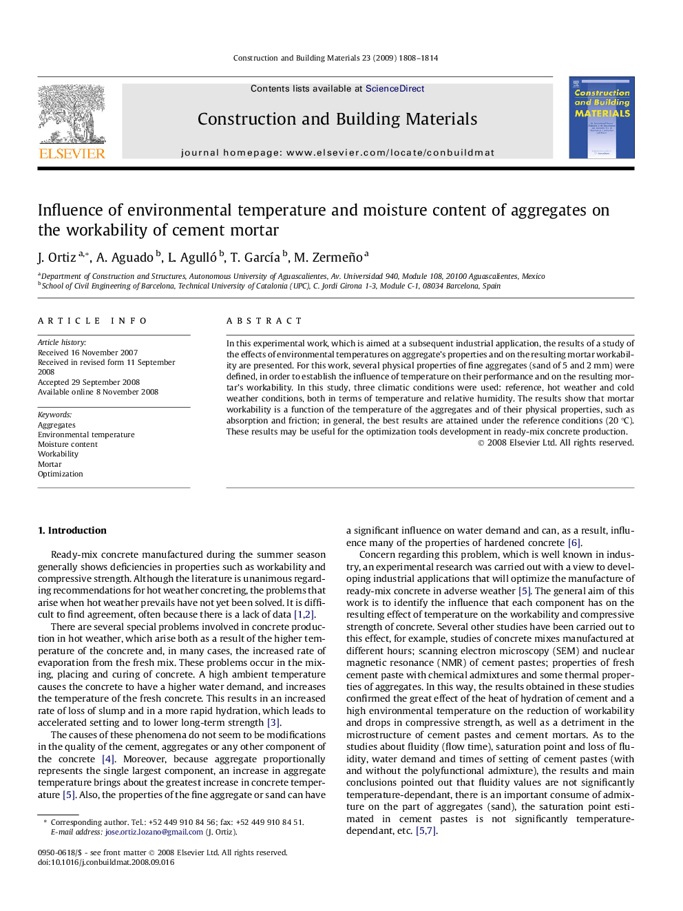 Influence of environmental temperature and moisture content of aggregates on the workability of cement mortar