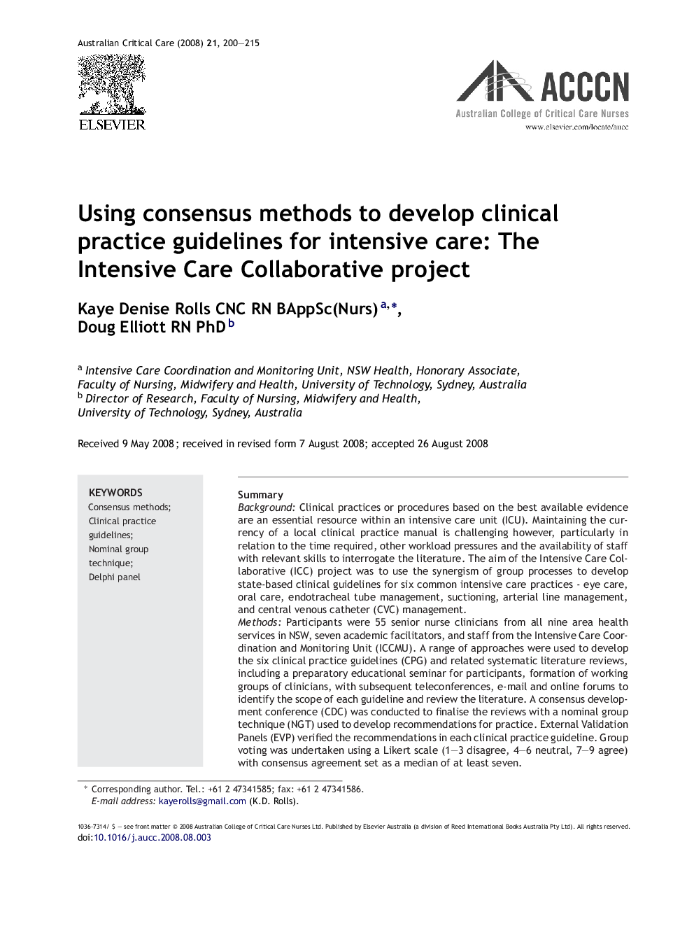 Using consensus methods to develop clinical practice guidelines for intensive care: The Intensive Care Collaborative project