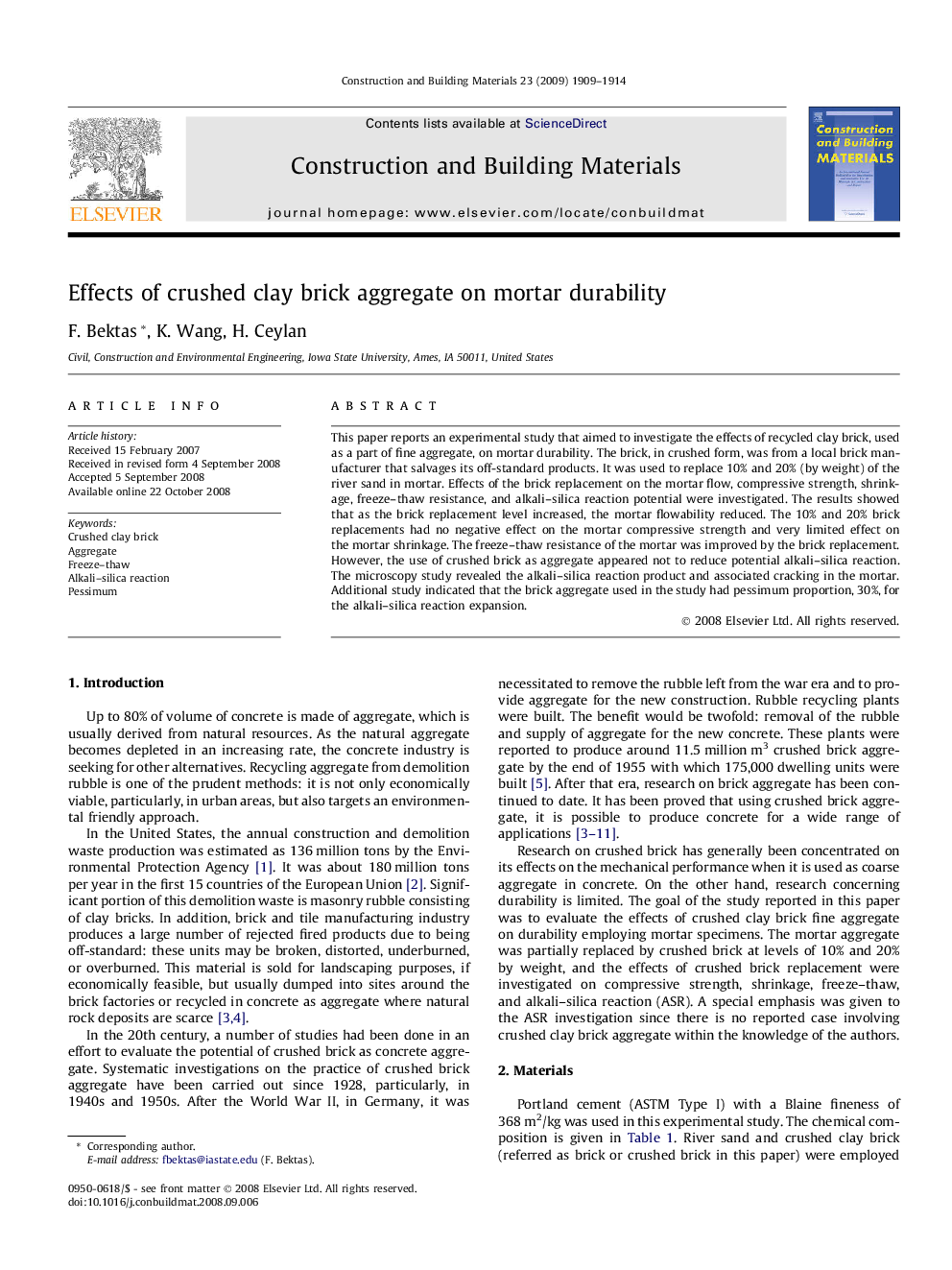 Effects of crushed clay brick aggregate on mortar durability