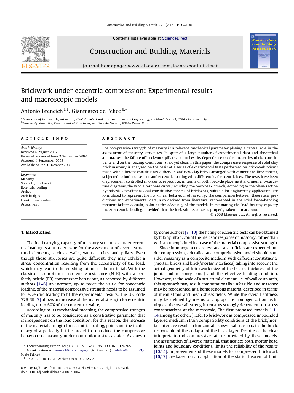 Brickwork under eccentric compression: Experimental results and macroscopic models