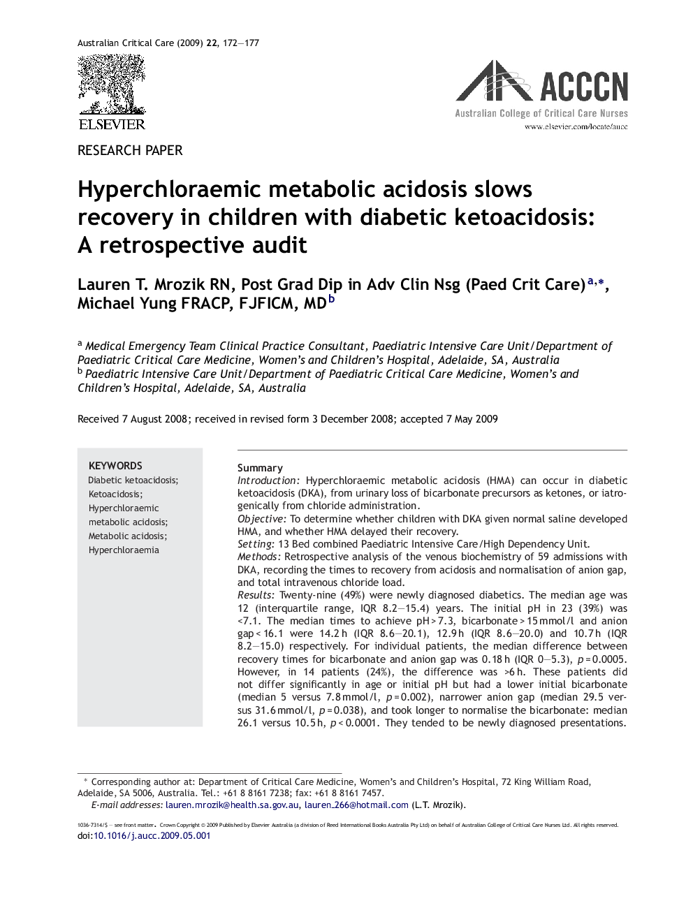 Hyperchloraemic metabolic acidosis slows recovery in children with diabetic ketoacidosis: A retrospective audit