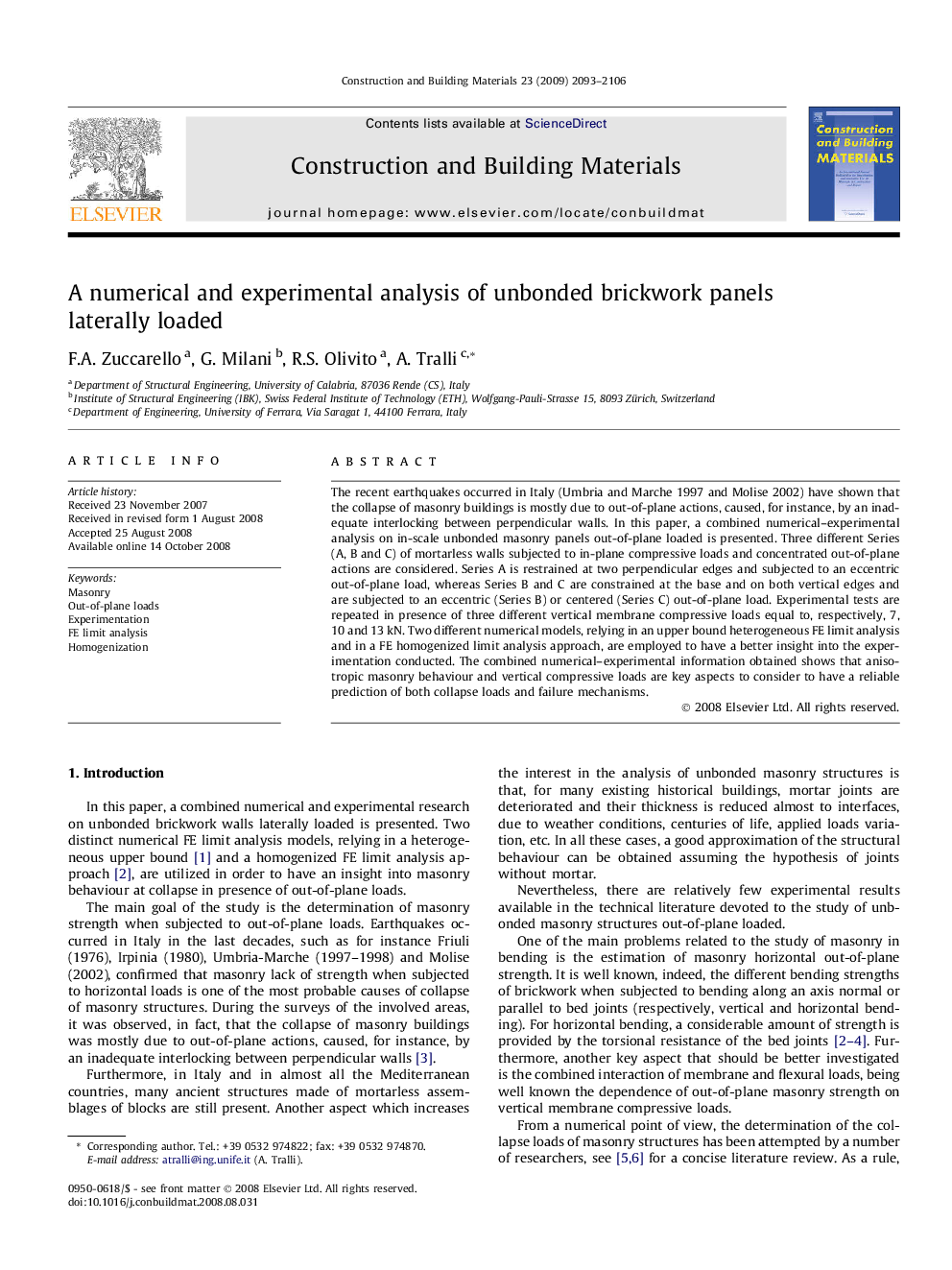 A numerical and experimental analysis of unbonded brickwork panels laterally loaded