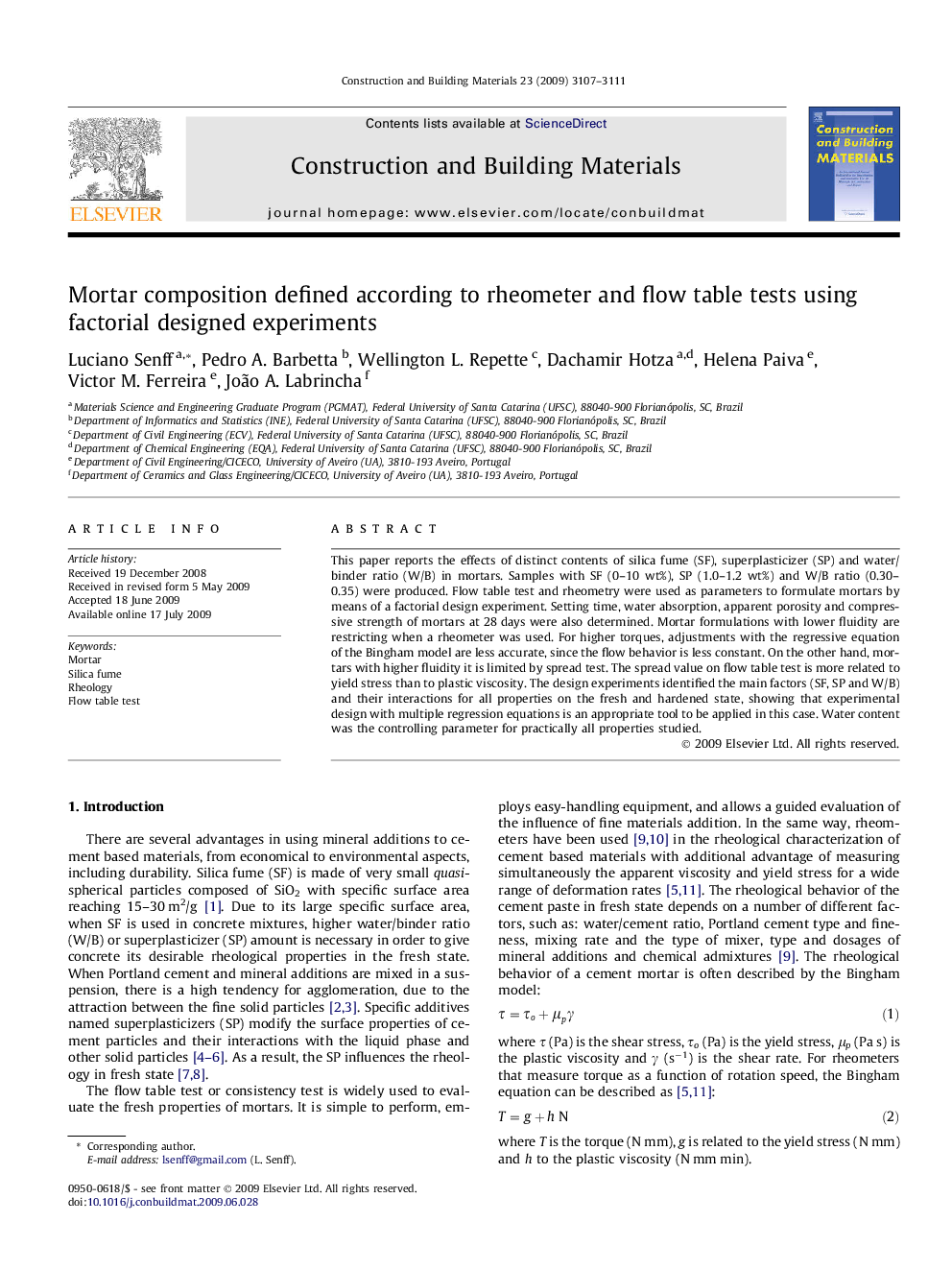 Mortar composition defined according to rheometer and flow table tests using factorial designed experiments