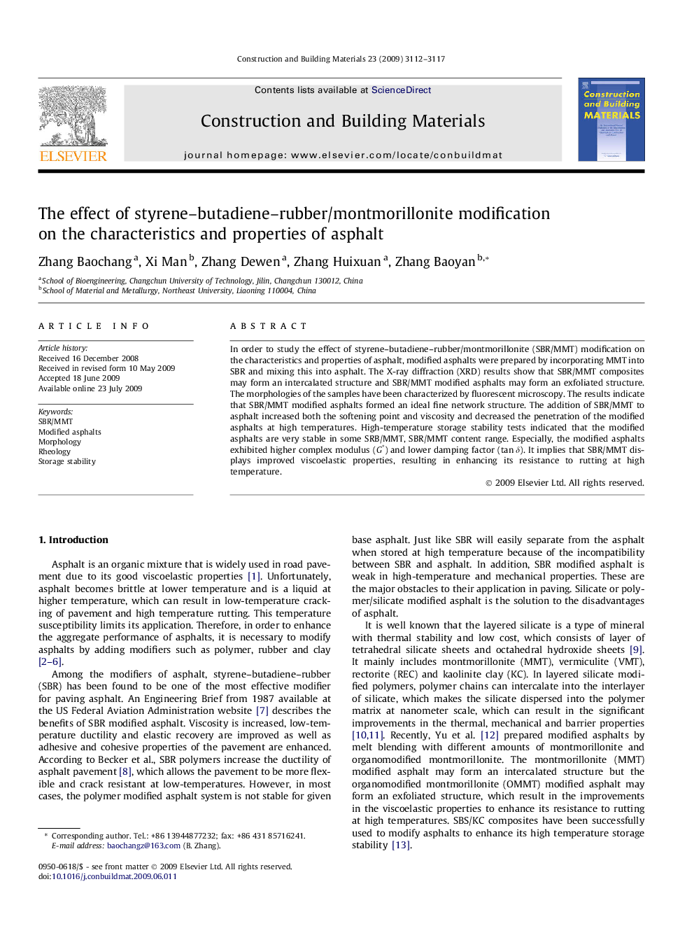 The effect of styrene–butadiene–rubber/montmorillonite modification on the characteristics and properties of asphalt