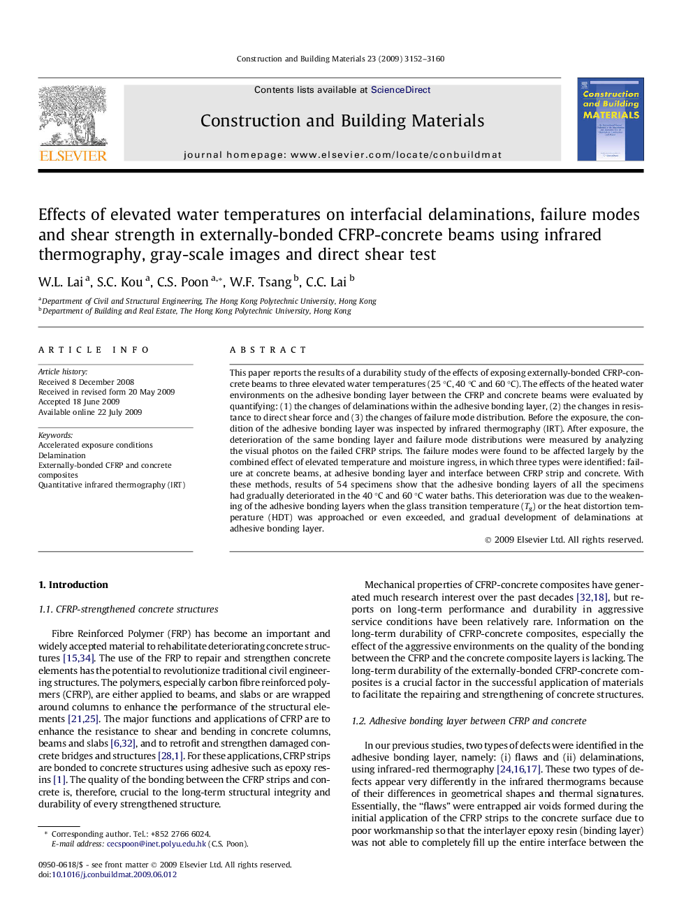 Effects of elevated water temperatures on interfacial delaminations, failure modes and shear strength in externally-bonded CFRP-concrete beams using infrared thermography, gray-scale images and direct shear test