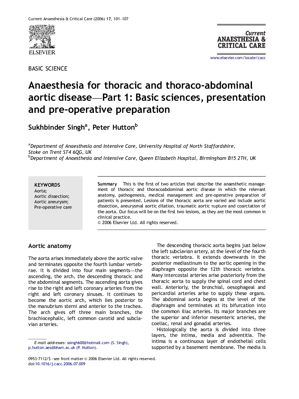 Anaesthesia for thoracic and thoraco-abdominal aortic disease-Part 1: Basic sciences, presentation and pre-operative preparation