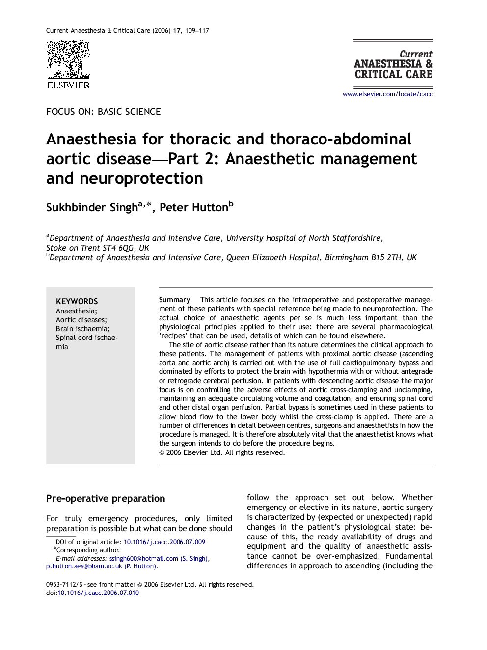 Anaesthesia for thoracic and thoraco-abdominal aortic disease-Part 2: Anaesthetic management and neuroprotection