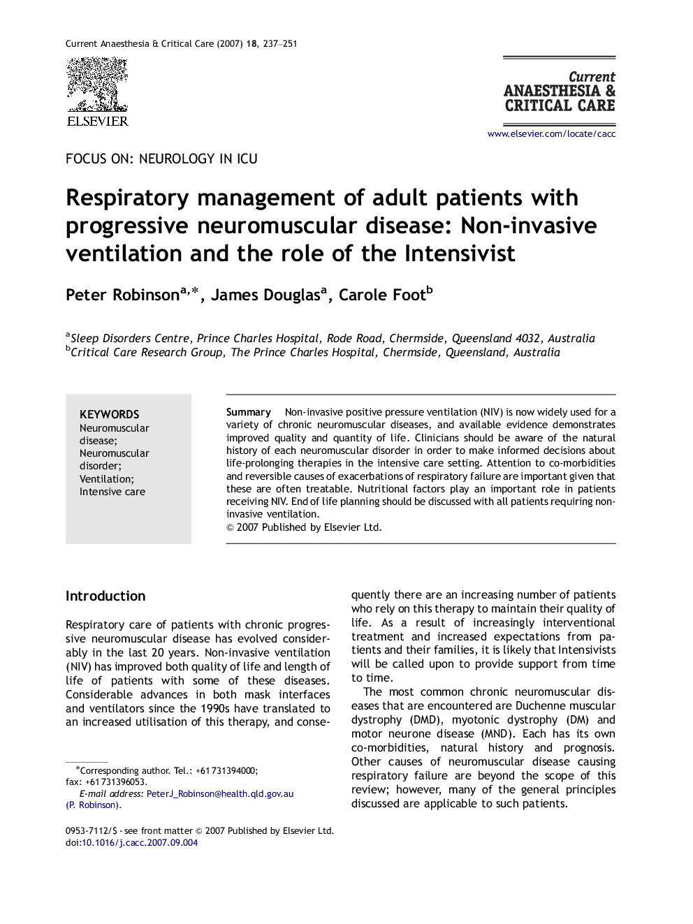 Respiratory management of adult patients with progressive neuromuscular disease: Non-invasive ventilation and the role of the Intensivist