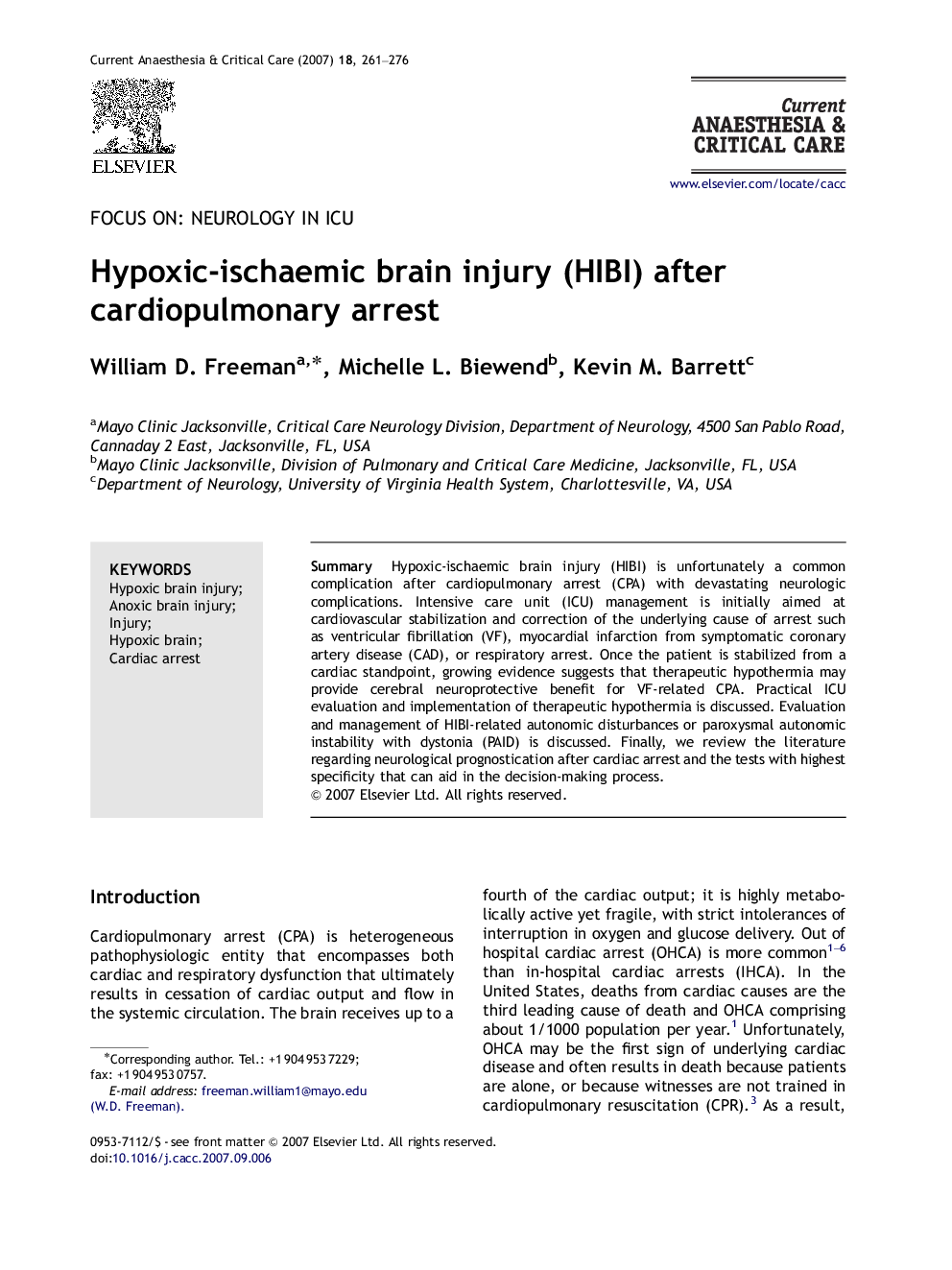 Hypoxic-ischaemic brain injury (HIBI) after cardiopulmonary arrest