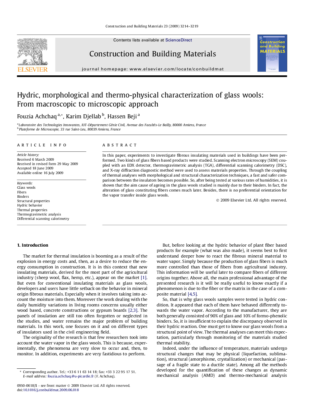 Hydric, morphological and thermo-physical characterization of glass wools: From macroscopic to microscopic approach