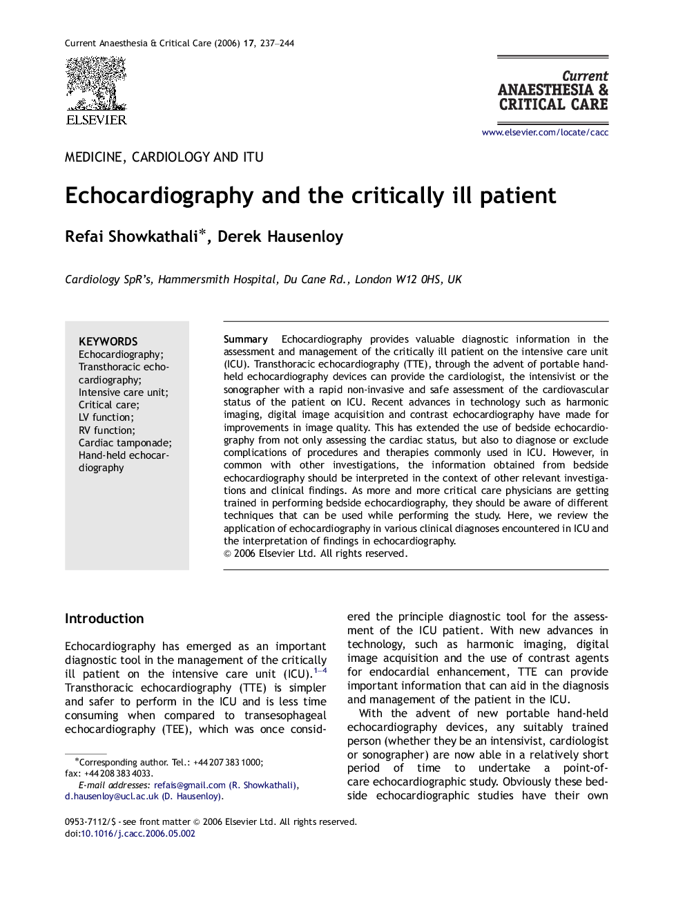 Echocardiography and the critically ill patient