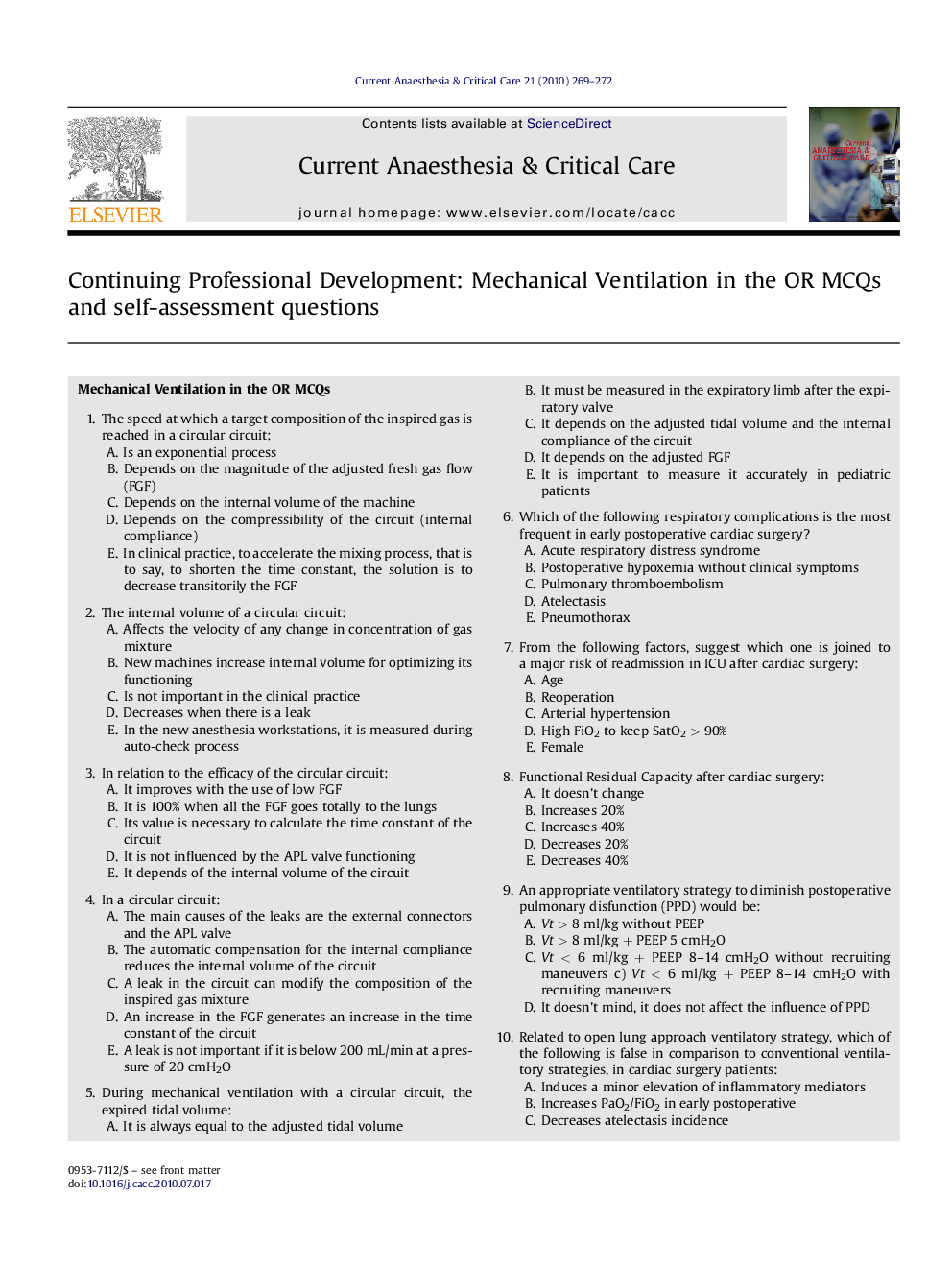 Continuing Professional Development: Mechanical Ventilation in the OR MCQs and self-assessment questions