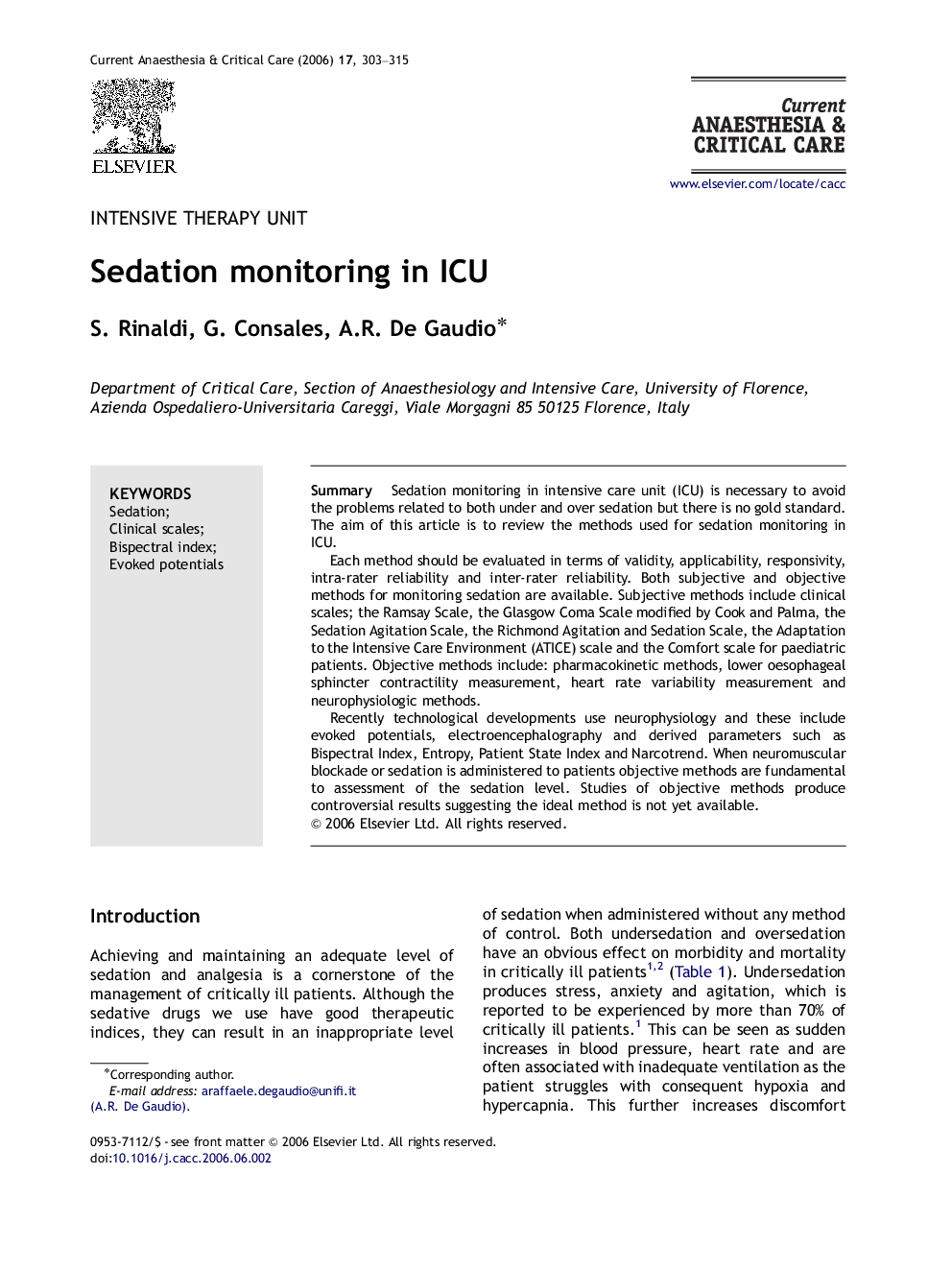 Sedation monitoring in ICU