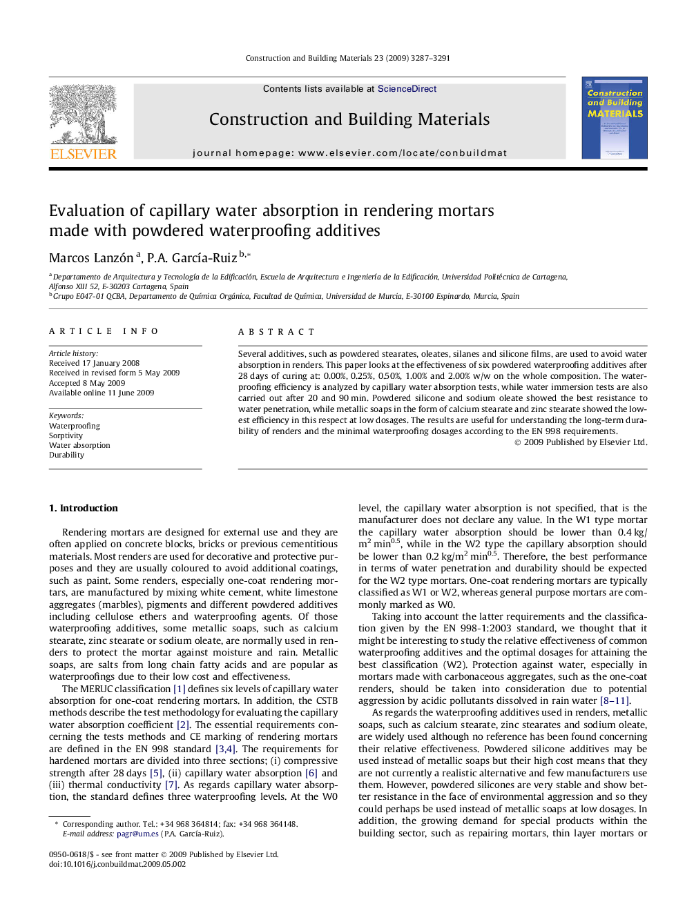 Evaluation of capillary water absorption in rendering mortars made with powdered waterproofing additives