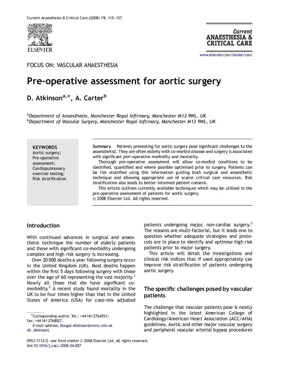 Pre-operative assessment for aortic surgery