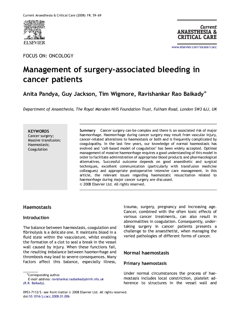 Management of surgery-associated bleeding in cancer patients