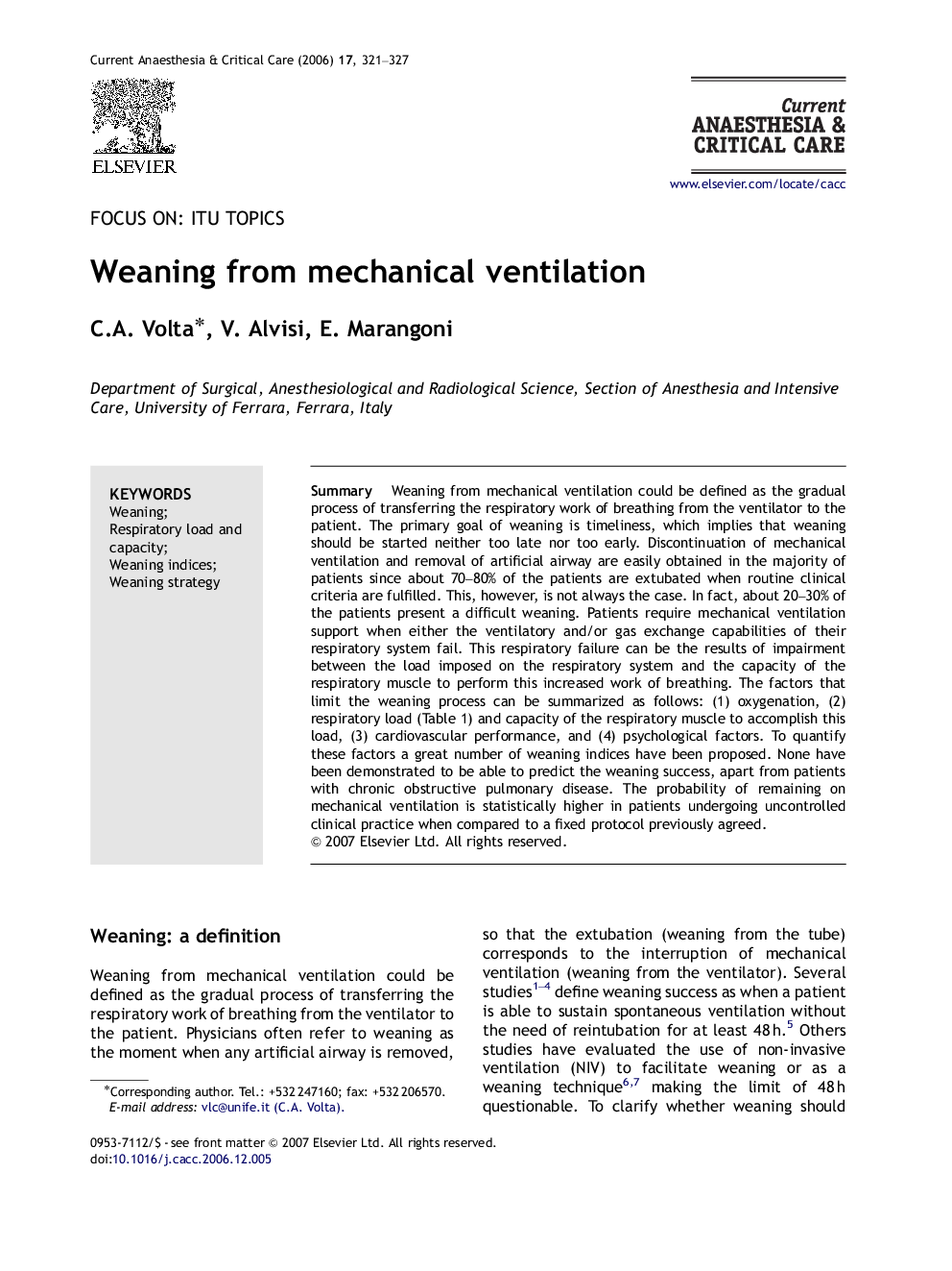 Weaning from mechanical ventilation