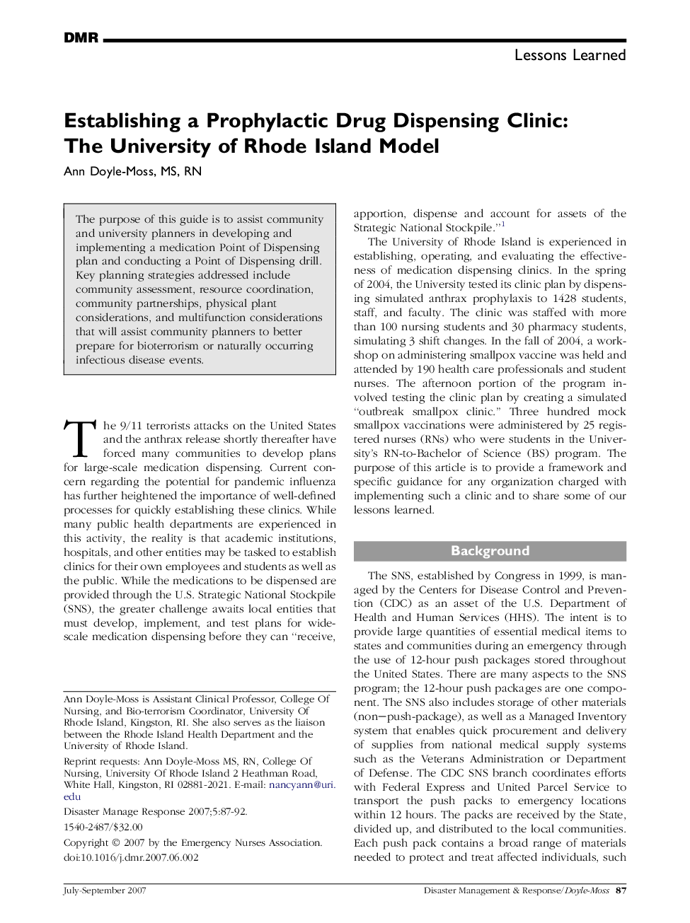 Establishing a Prophylactic Drug Dispensing Clinic: The University of Rhode Island Model