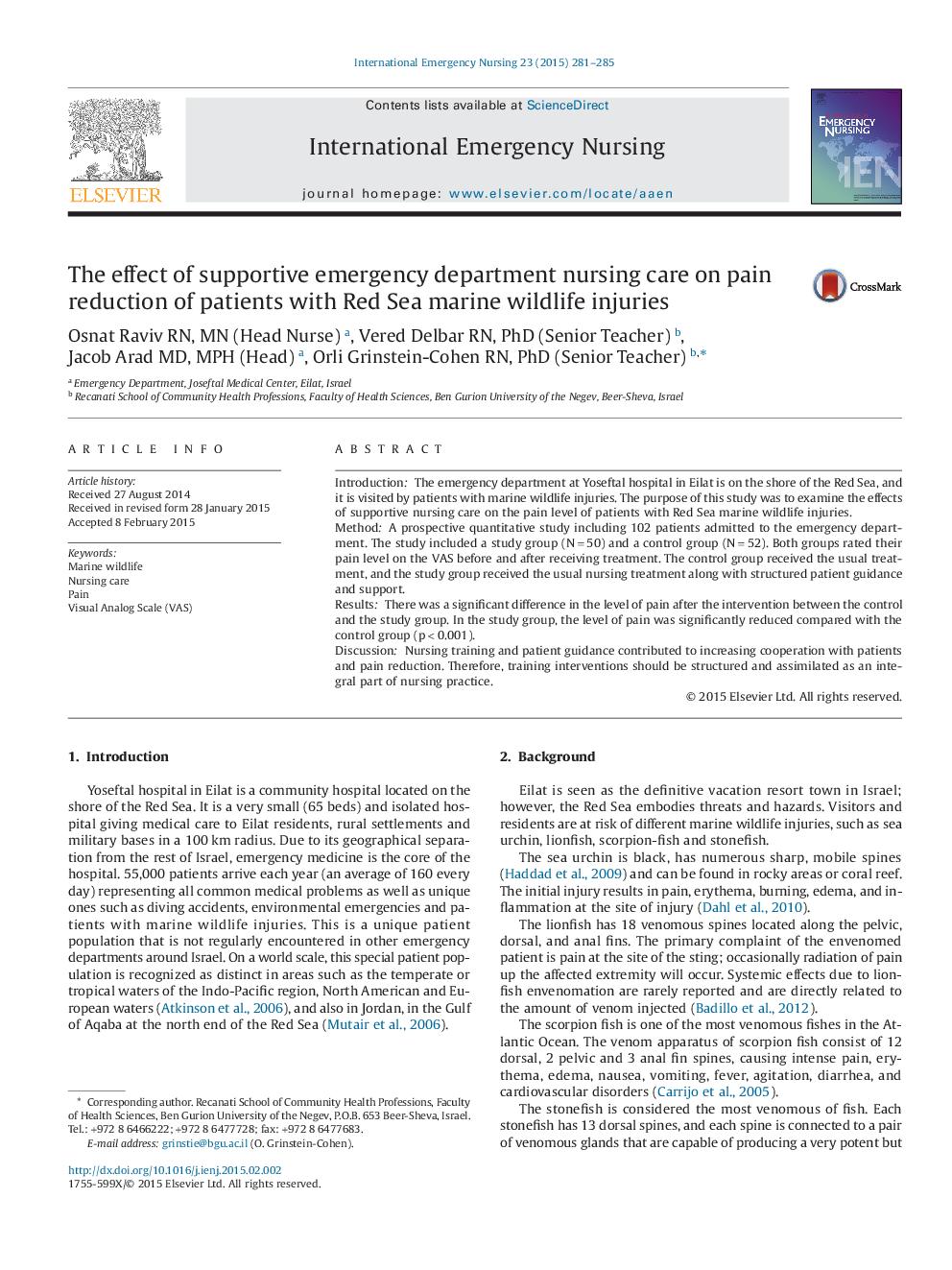 The effect of supportive emergency department nursing care on pain reduction of patients with Red Sea marine wildlife injuries