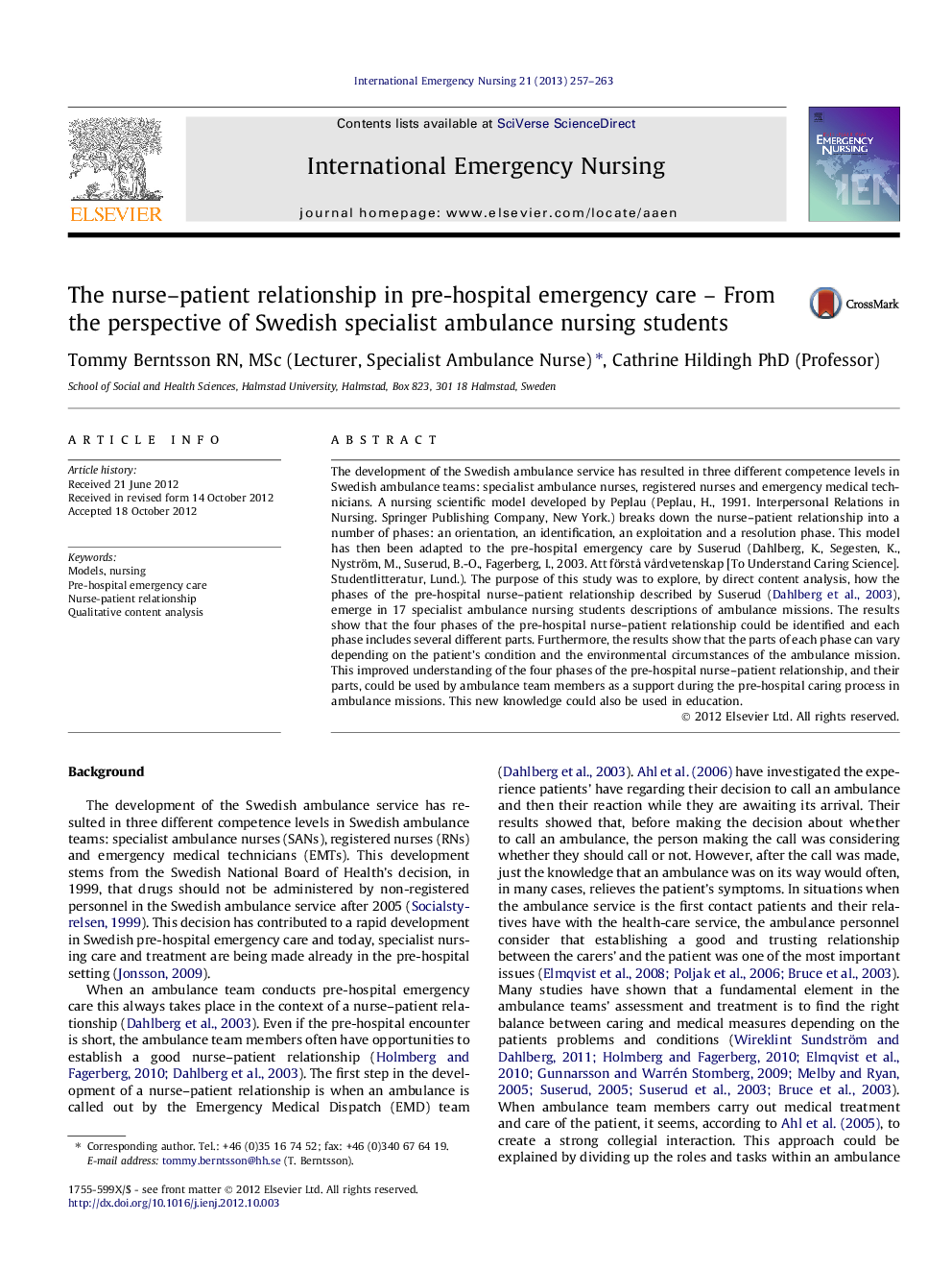 The nurse–patient relationship in pre-hospital emergency care – From the perspective of Swedish specialist ambulance nursing students