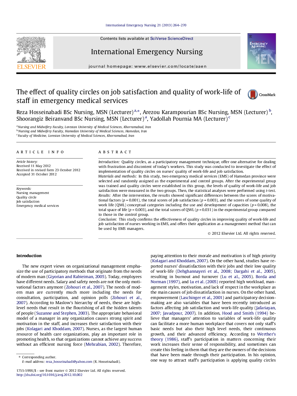 The effect of quality circles on job satisfaction and quality of work-life of staff in emergency medical services