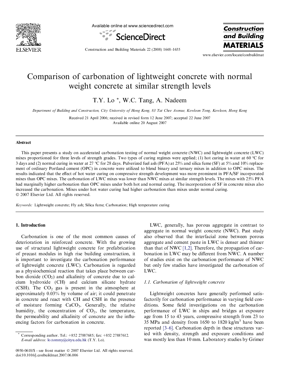 Comparison of carbonation of lightweight concrete with normal weight concrete at similar strength levels