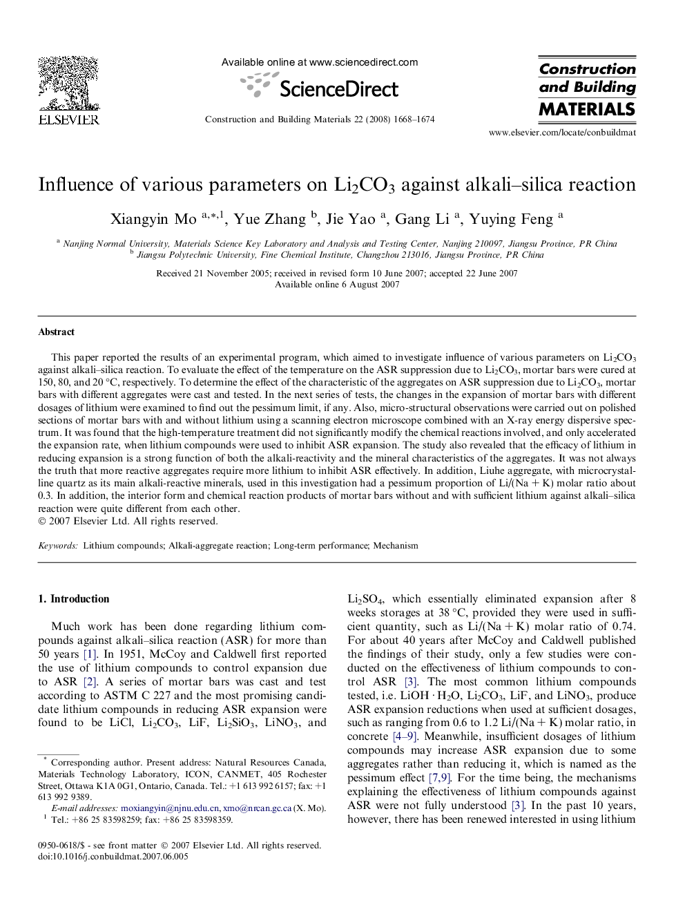 Influence of various parameters on Li2CO3 against alkali–silica reaction