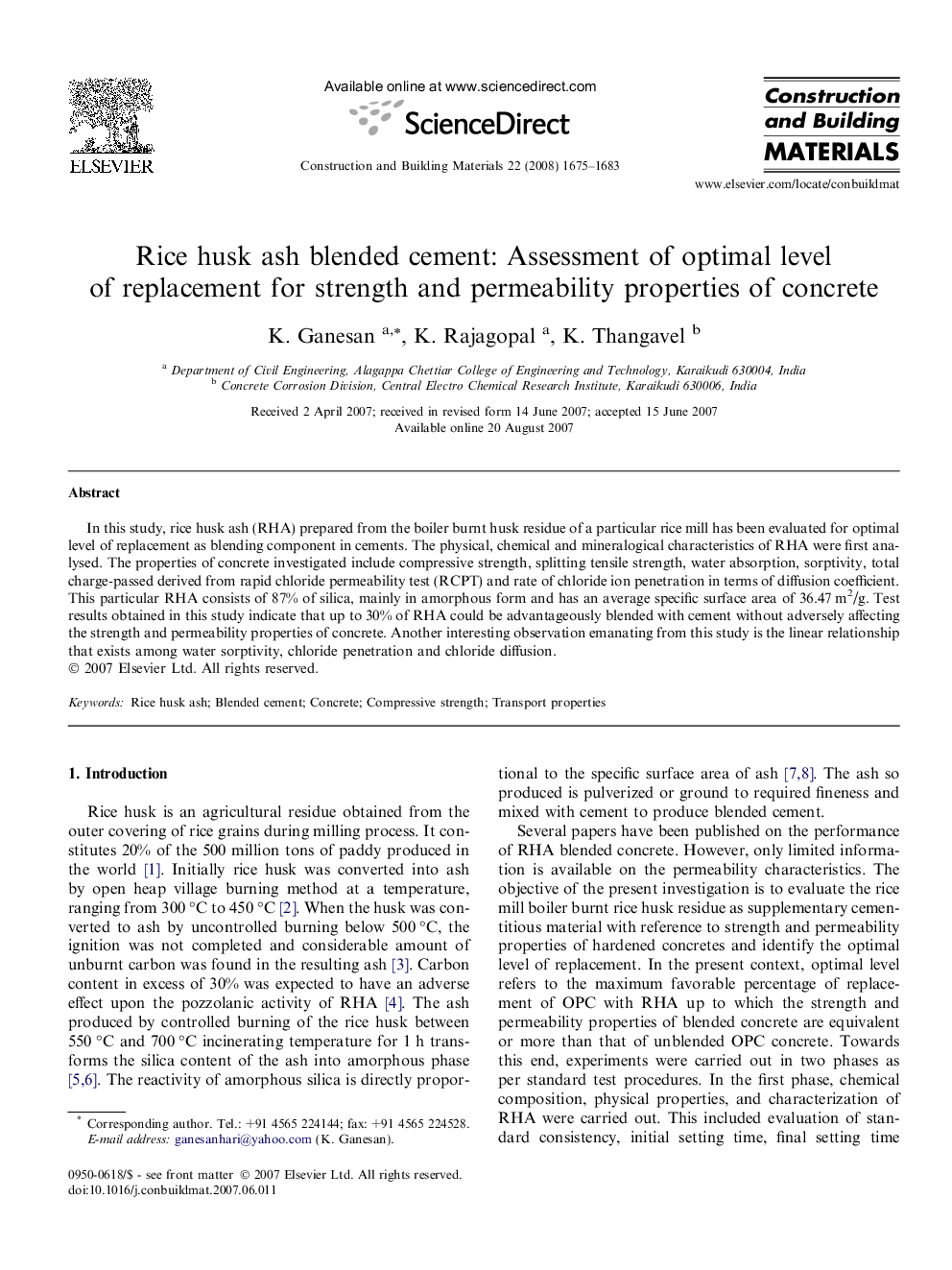 Rice husk ash blended cement: Assessment of optimal level of replacement for strength and permeability properties of concrete