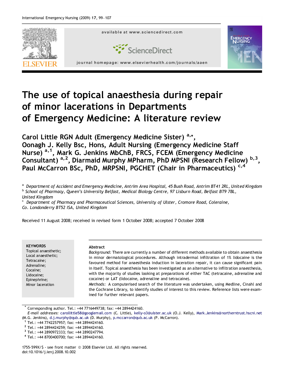 The use of topical anaesthesia during repair of minor lacerations in Departments of Emergency Medicine: A literature review