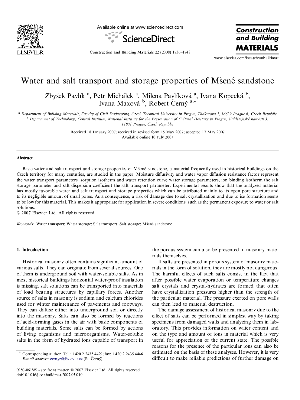 Water and salt transport and storage properties of Mšené sandstone