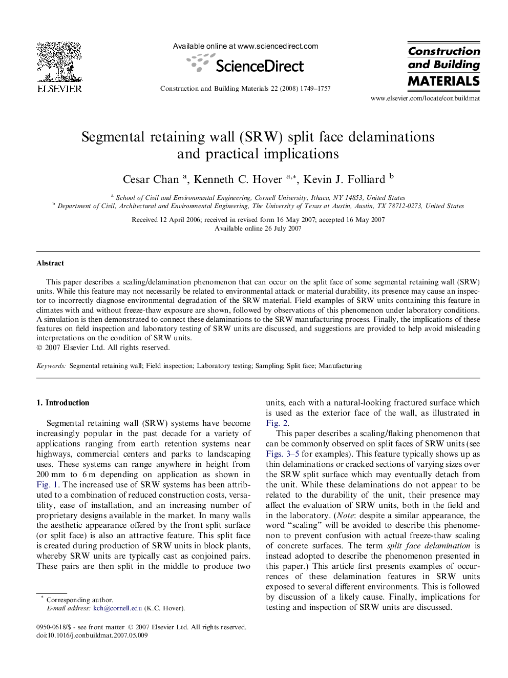 Segmental retaining wall (SRW) split face delaminations and practical implications