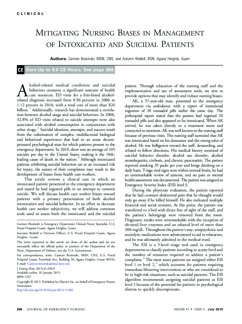 Mitigating Nursing Biases in Management of Intoxicated and Suicidal Patients