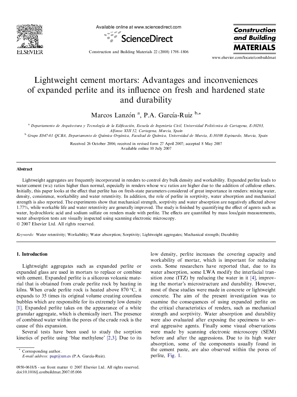 Lightweight cement mortars: Advantages and inconveniences of expanded perlite and its influence on fresh and hardened state and durability