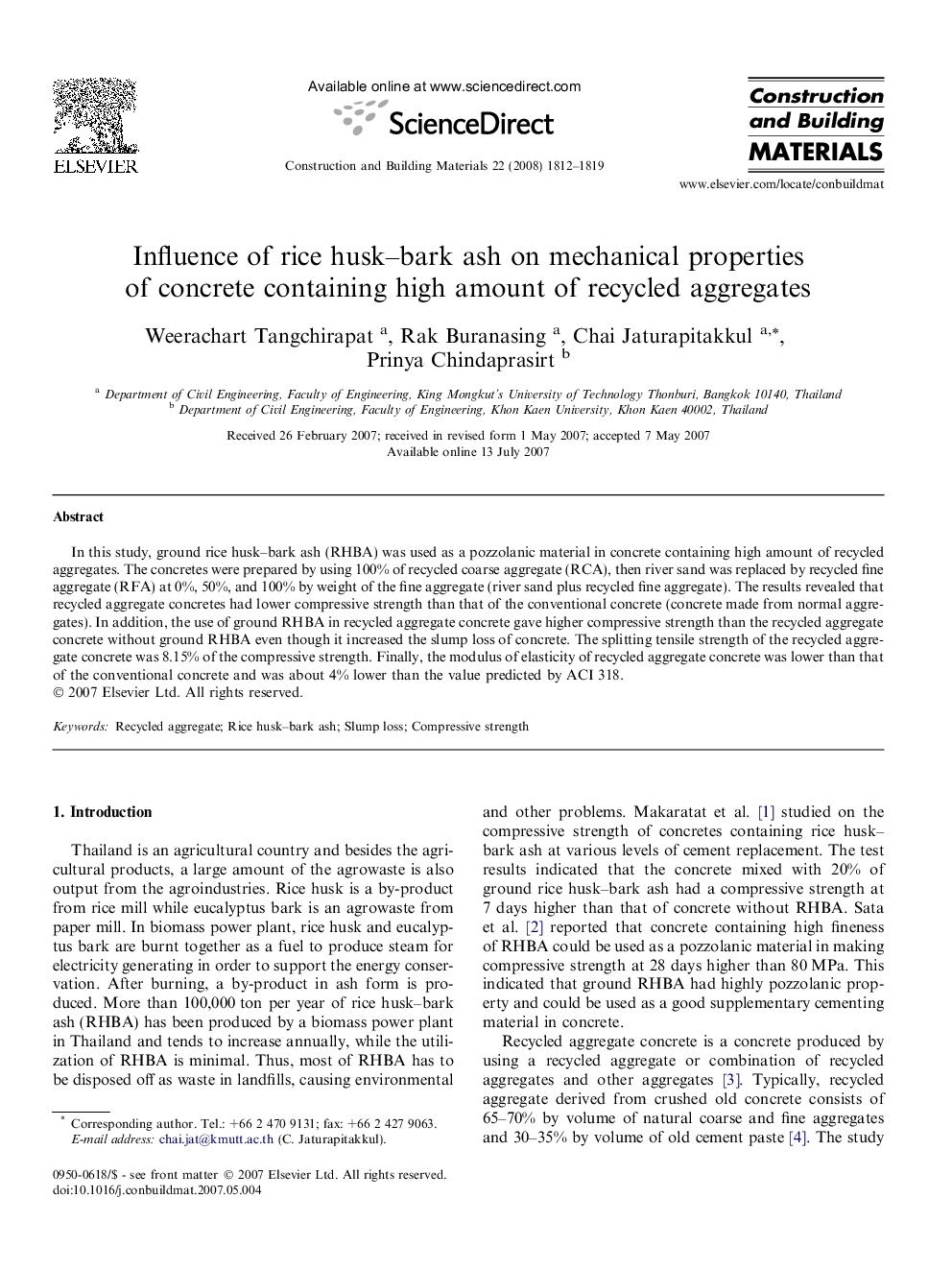 Influence of rice husk–bark ash on mechanical properties of concrete containing high amount of recycled aggregates