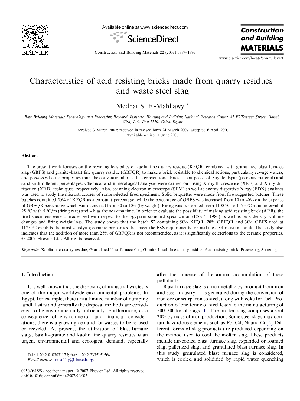 Characteristics of acid resisting bricks made from quarry residues and waste steel slag