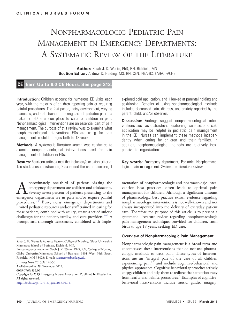 Nonpharmacologic Pediatric Pain Management in Emergency Departments: A Systematic Review of the Literature 