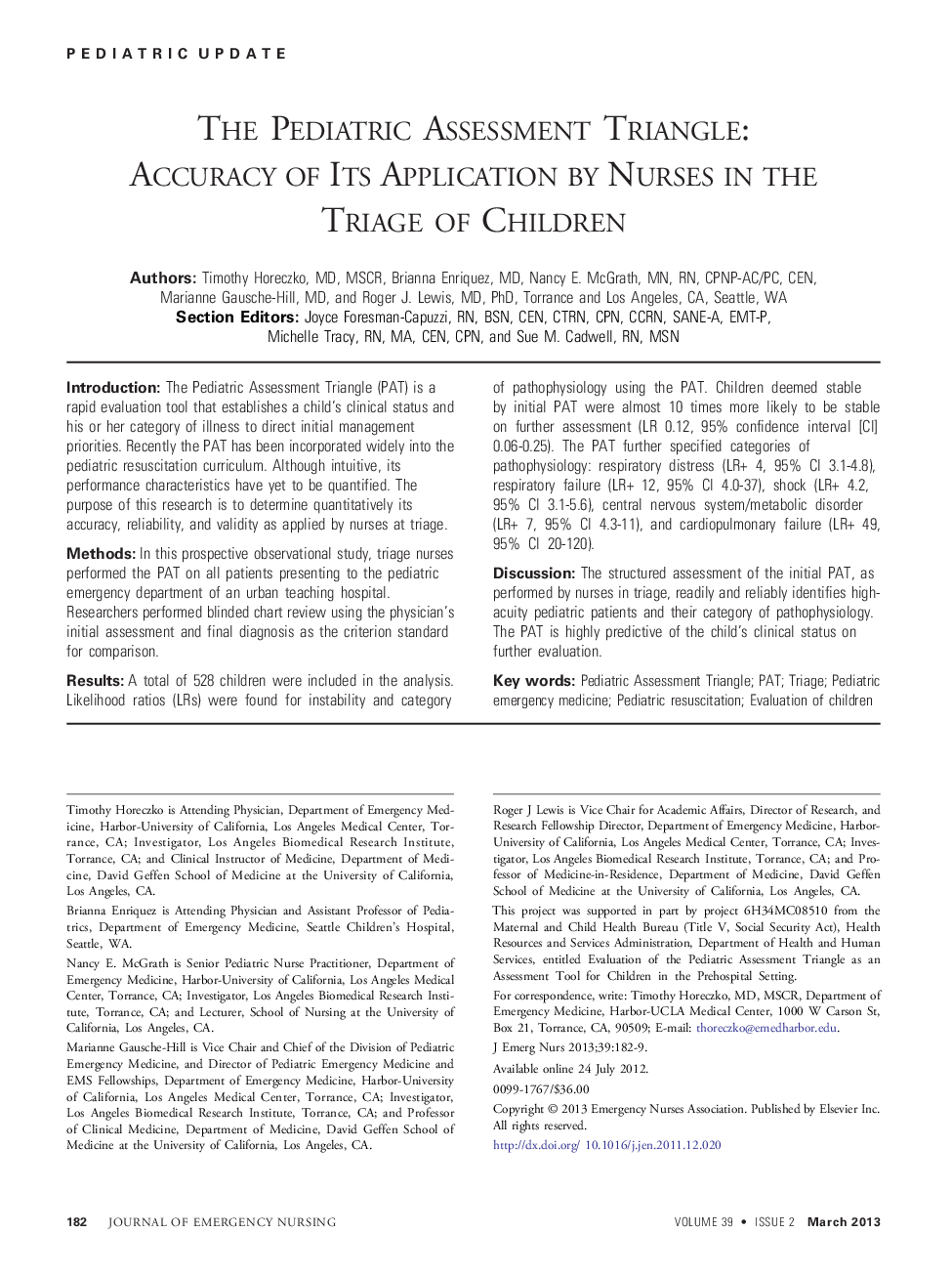 The Pediatric Assessment Triangle: Accuracy of Its Application by Nurses in the Triage of Children 