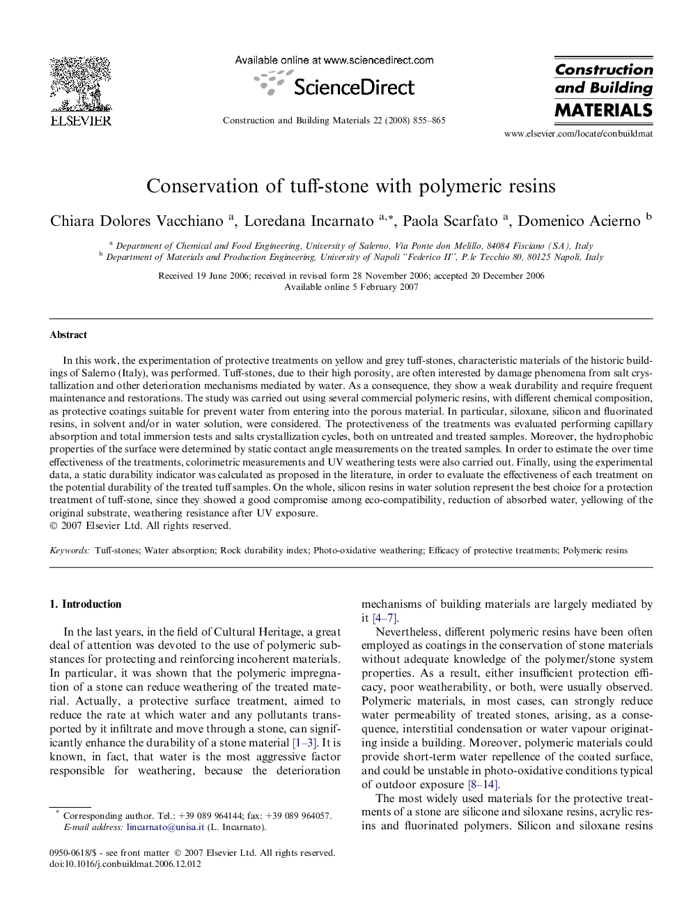 Conservation of tuff-stone with polymeric resins