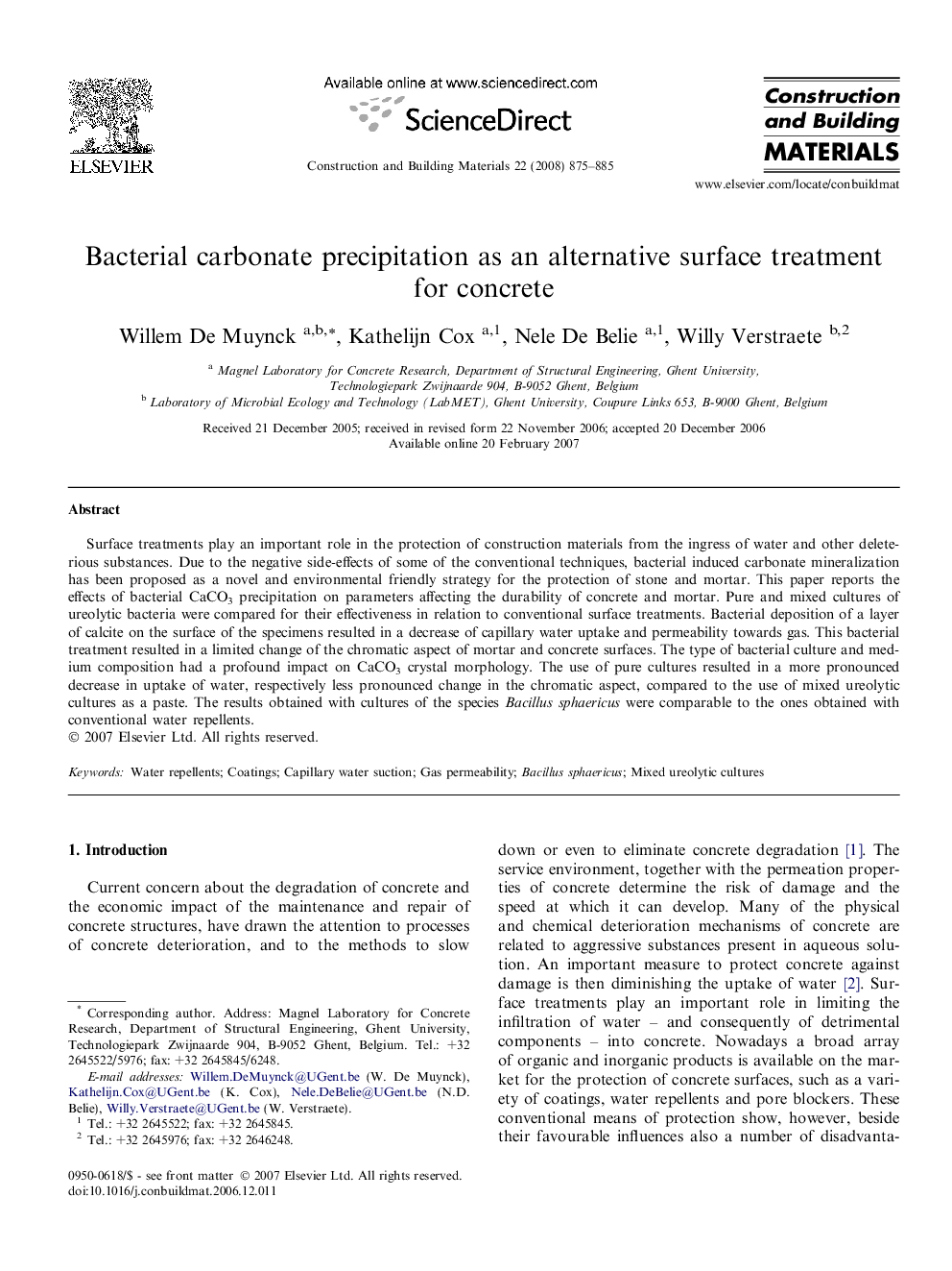 Bacterial carbonate precipitation as an alternative surface treatment for concrete