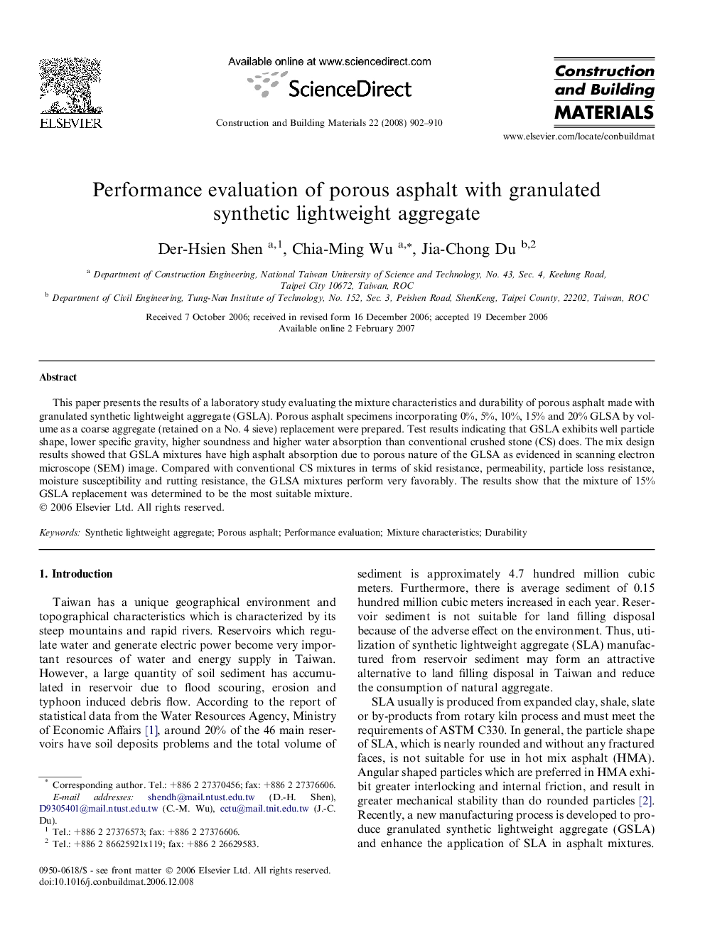 Performance evaluation of porous asphalt with granulated synthetic lightweight aggregate