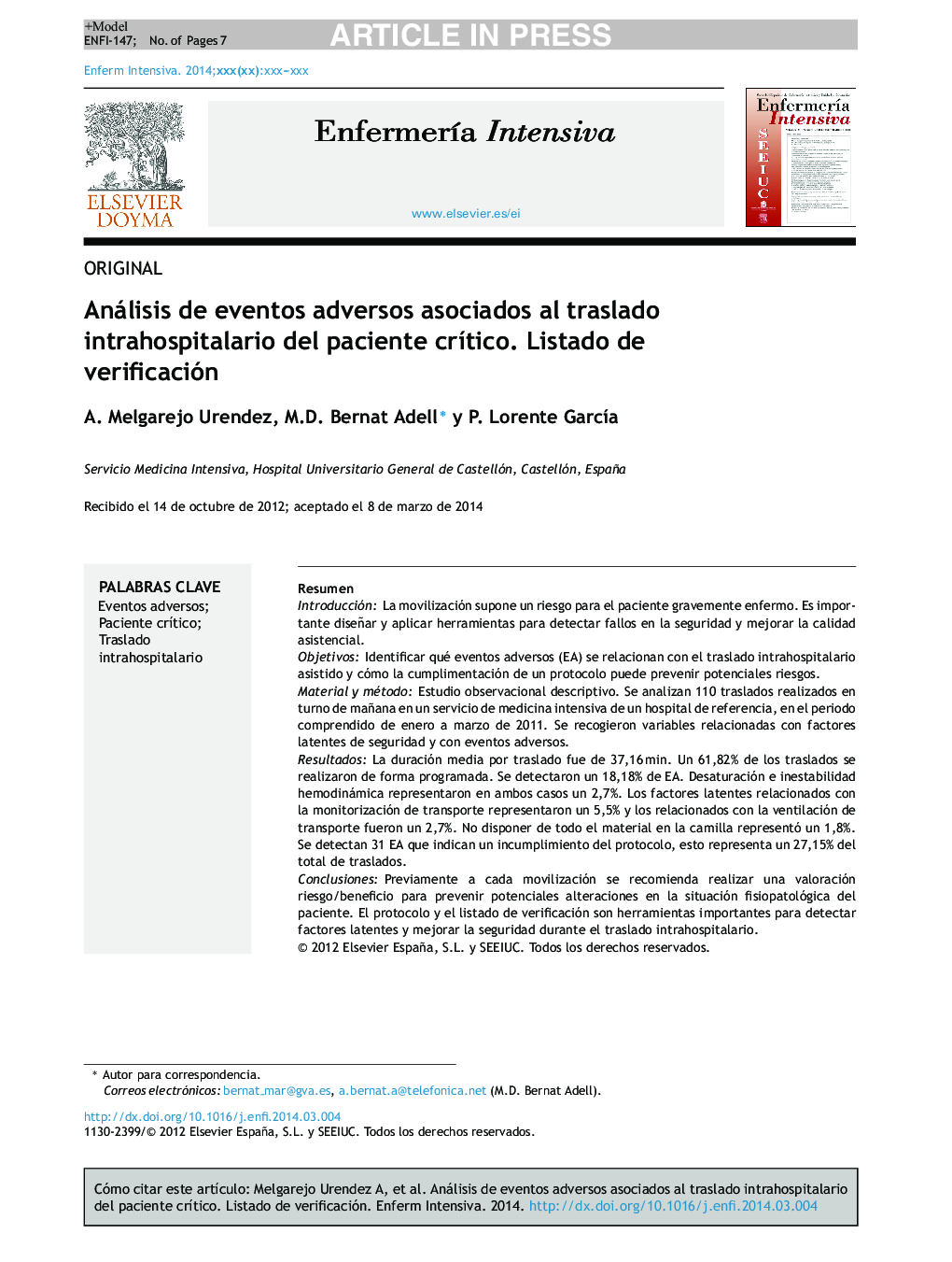 Análisis de eventos adversos asociados al traslado intrahospitalario del paciente crÃ­tico. Listado de verificación