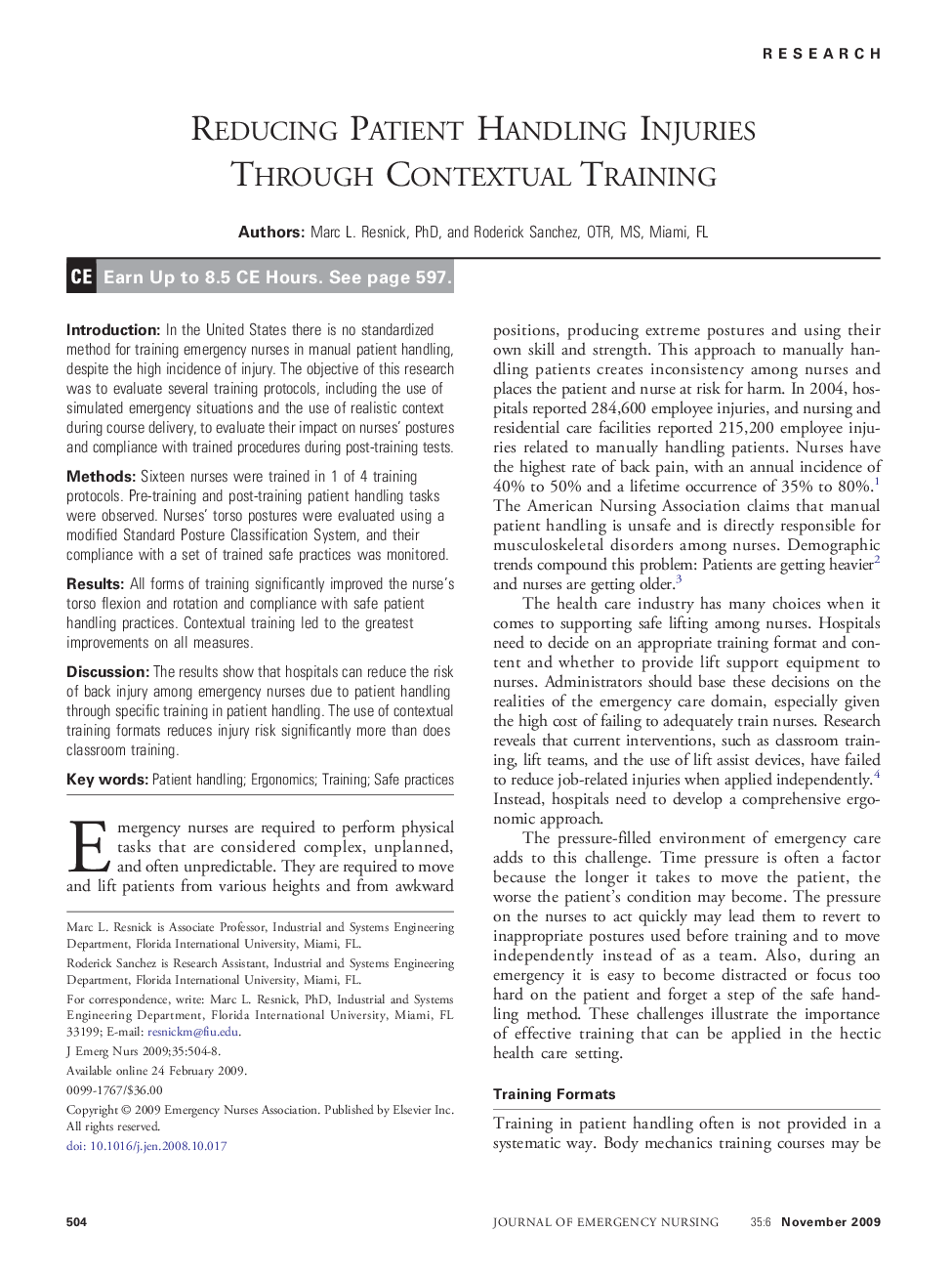 Reducing Patient Handling Injuries Through Contextual Training 