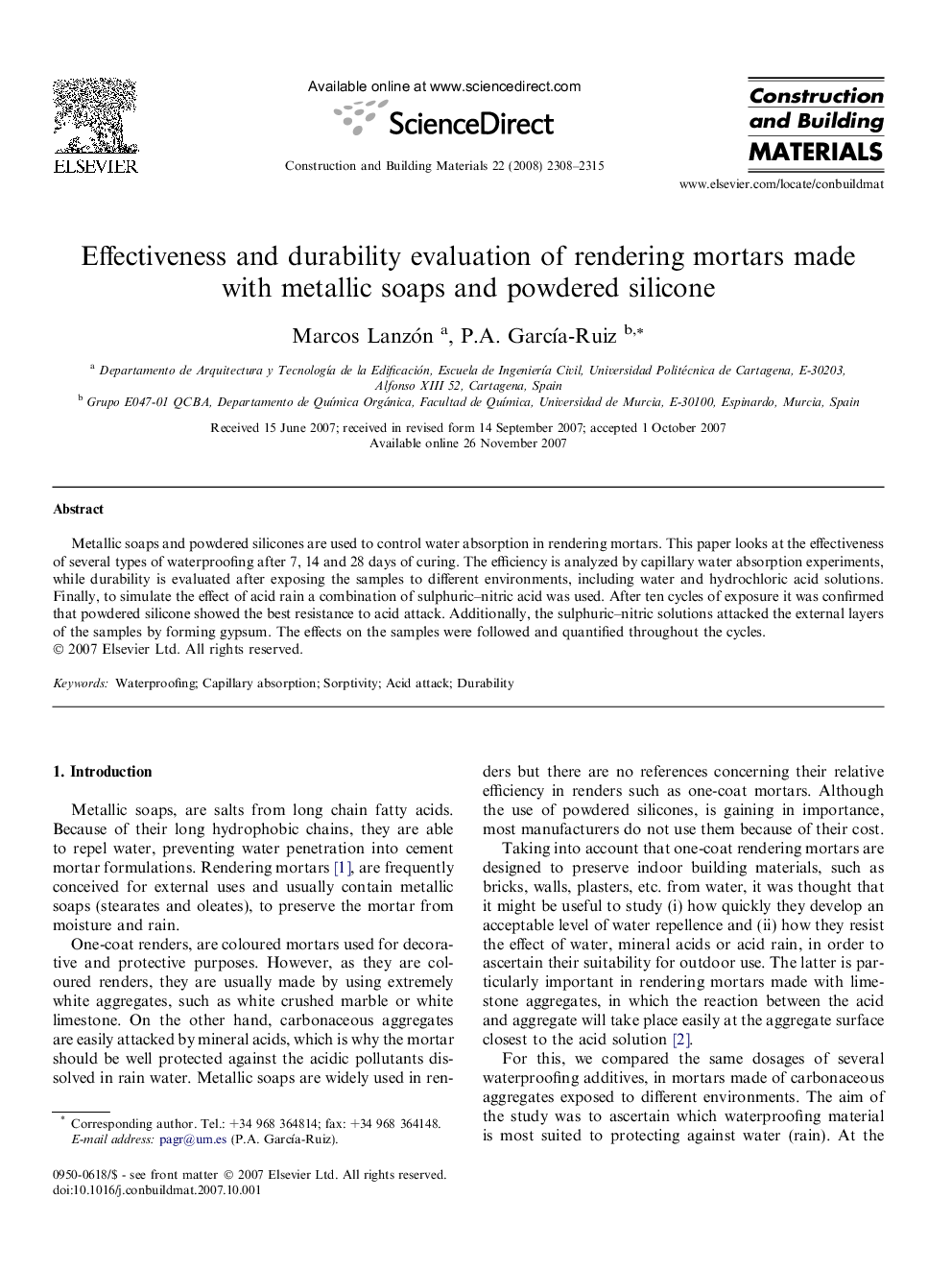 Effectiveness and durability evaluation of rendering mortars made with metallic soaps and powdered silicone