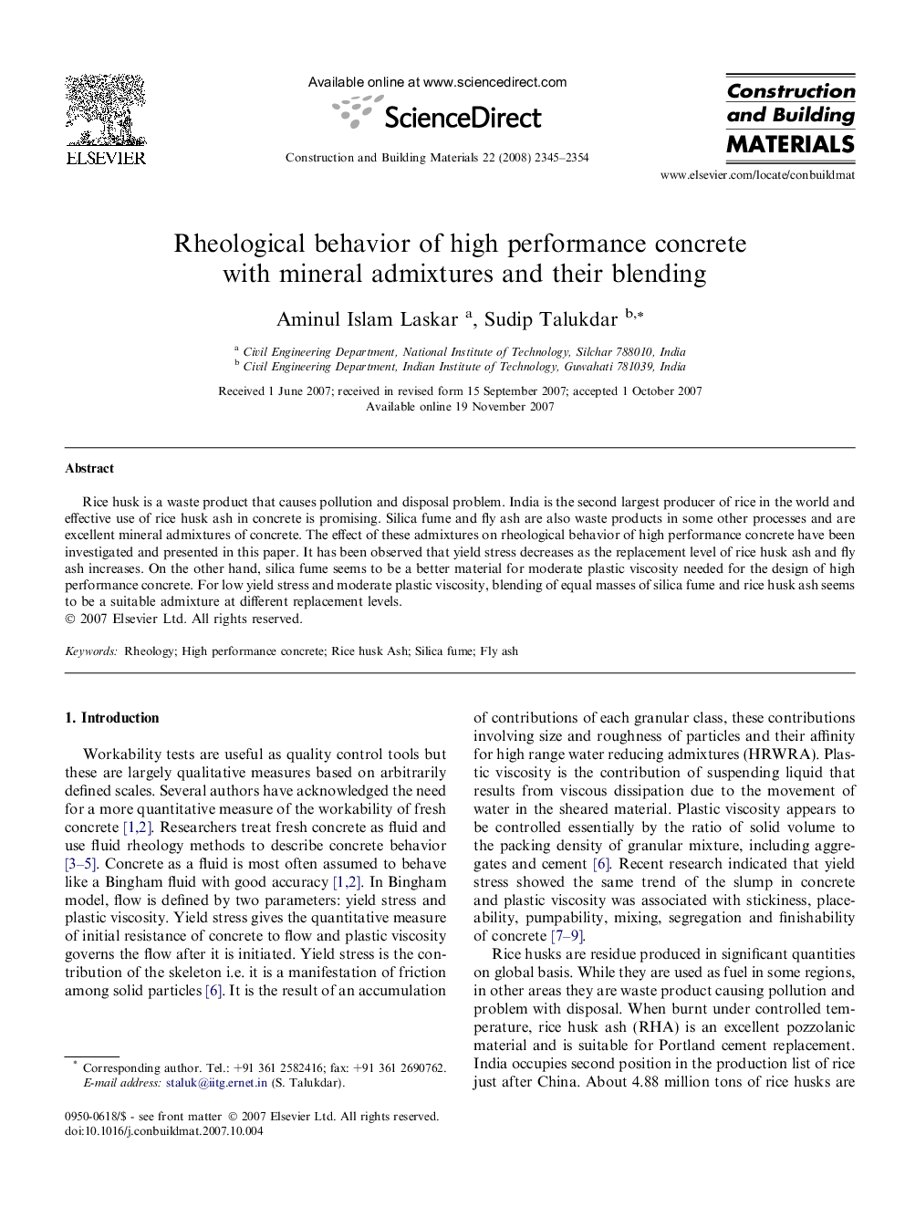 Rheological behavior of high performance concrete with mineral admixtures and their blending