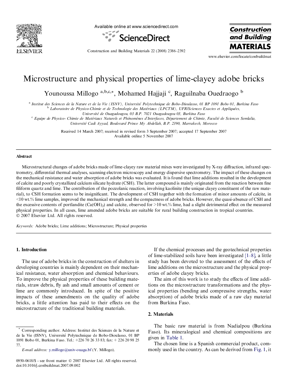 Microstructure and physical properties of lime-clayey adobe bricks