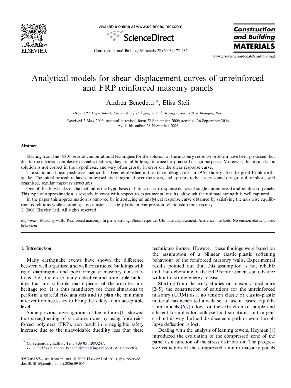 Analytical models for shear–displacement curves of unreinforced and FRP reinforced masonry panels