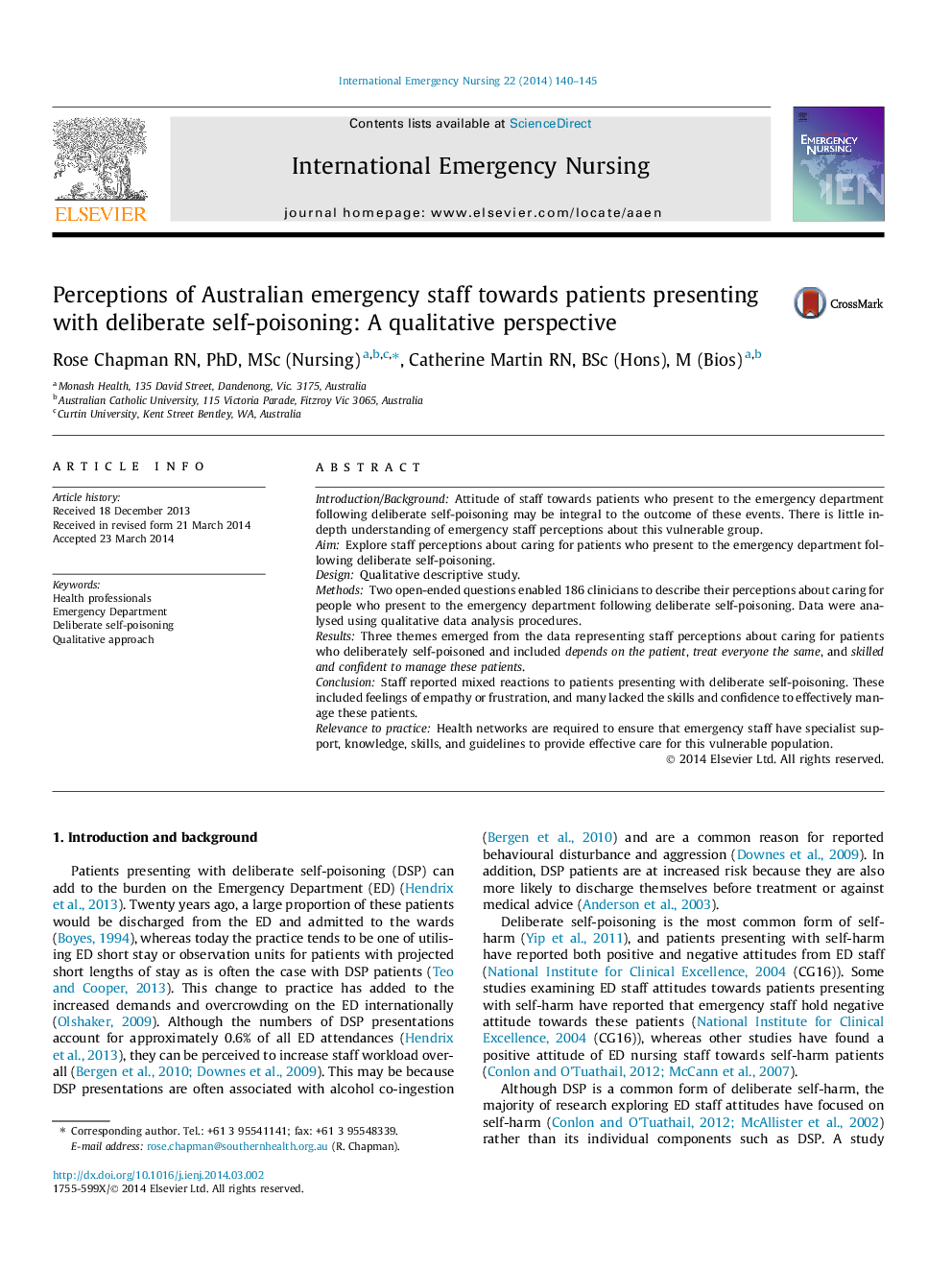 Perceptions of Australian emergency staff towards patients presenting with deliberate self-poisoning: A qualitative perspective